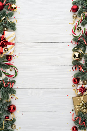 Christmas Background with Decorative Border on White and Copy Spaceの写真素材