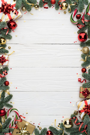 Christmas Frame on White Background with Decorations and Copy Spaceの写真素材