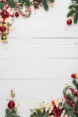 Christmas Background with Ornament Border on White Wood, Including Copy Spaceの写真素材