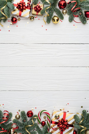 White Wooden Background with Christmas Frame and Copy Space for Designの写真素材