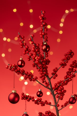 Festive Ilex Branch Decorated With Red Christmas Baubles And Holiday Lights On Red Backgroundの写真素材