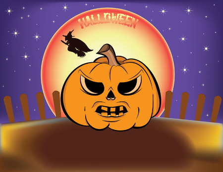 Scary halloween pumpkin under the moonlight and a witch in the background.のイラスト素材