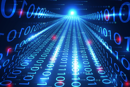Abstract technology concept binary bridge to the future hi tech light blue background, Roads of the future of the digital world and Light from the destination is like a technological breakthrough.のイラスト素材