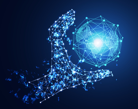 Abstract technology concept hand digital link and world future on hi-tech backgroundのイラスト素材