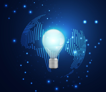 abstract technology business concept world digital link and light bulb on hi tech blue backgroundのイラスト素材