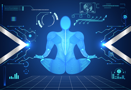 abstract technology ui futuristic concept human body hud interface hologram elements of digital data chart, communication, computing and circle percent vitality innovation on hi tech future backgroundのイラスト素材
