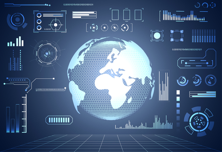 abstract technology concept global network connection futuristic earth globe virtual hologram communication system world and digital link business Connection hi tech background.Vector Illustrationのイラスト素材