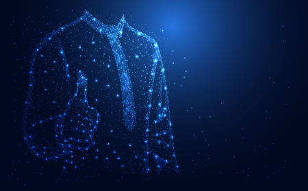Abstract technology line triangle and points businessman low poly Thumbs up on hand polygonal future modern wireframe on hi tech future blue background. for template, web design or presentation.のイラスト素材