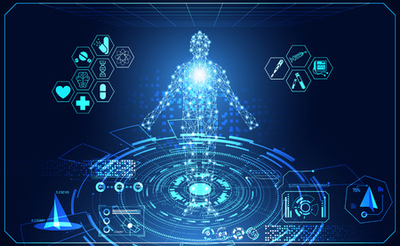 abstract technology ui futuristic concept hud interface hologram elements of digital data chart, communication, computing,human body digital health care ; health future design on hi tech background.のイラスト素材