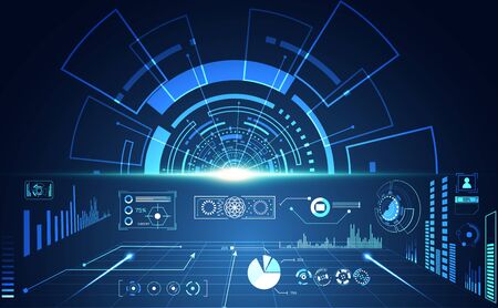 abstract technology ui futuristic concept hud interface hologram elements of digital data chart, communication, computing and circle percent vitality innovation on hi tech future design backgroundのイラスト素材