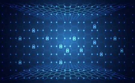 Abstract technology cyber security privacy information network concept padlock protection digital network internet link on hi tech blue future backgroundのイラスト素材