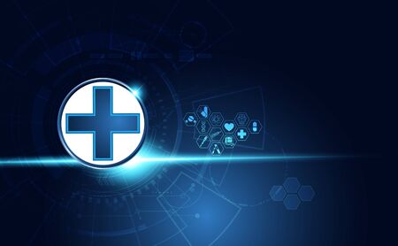 Abstract health science consist health plus digital technology concept modern medical technology,Treatment,medicine on hi tech future blue backgroundのイラスト素材