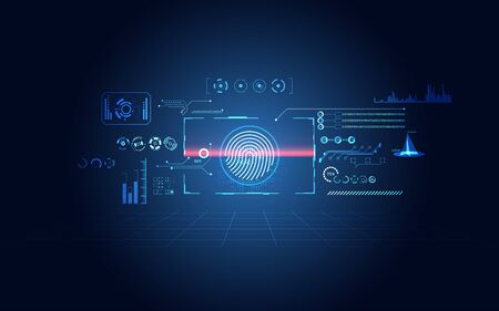 abstract cyber security ui futuristic concept hud interface hologram elements of digital data chart, communication, computing and circle percent vitality innovation on hi tech future backgroundのイラスト素材