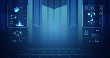 abstract health medical science consist interface digital futuristic virtual hologram treatment,medicine and communication system link connection on  hi tech blue background.Vectorのイラスト素材