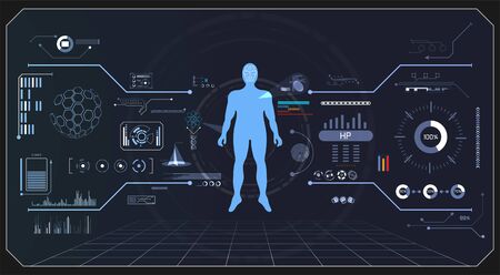 abstract health technology ui futuristic hud human interface hologram elements of digital data chart, communication, computing and innovation on hi tech future design backgroundのイラスト素材