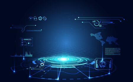 abstract technology ui futuristic concept hud interface hologram elements of digital data chart, communication, computing and circle percent vitality innovation on hi tech future design backgroundのイラスト素材