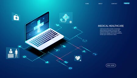 Abstract laptop health and icon health concept Providing online consultation and medical advice to users.のイラスト素材