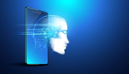 Abstract smart artificial intelligence digital futuristic technology face with smartphone concept ai humanoid head virtual neural network thinks,information,analysis,cybernetic mind,Big dataのイラスト素材