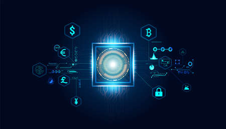 Abstract Digital finance in the online world consists of various kinds of currencies. And doing business in the online systemのイラスト素材