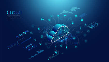 Abstract cloud technology with big data and interface concept Connection by collecting data in the...