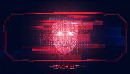 Abstract hacker face digital concept steals information from computers on the network. in the internet world break through the security system. on hi tech red future backgroundのイラスト素材