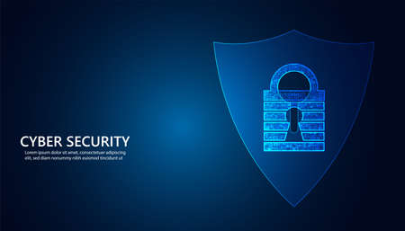 Abstract technology cyber security privacy information network concept shield protection digital network internet link on hi tech blue future backgroundのイラスト素材