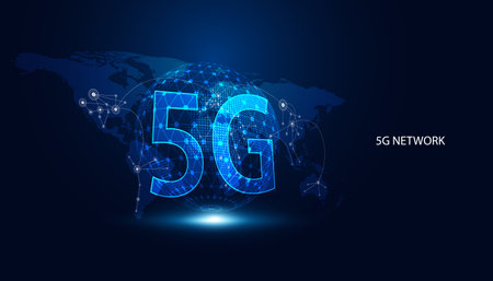 Abstract 5G holographic network wireless internet Wifi connection and internet of things on world map background.Connected To 5G Networkのイラスト素材
