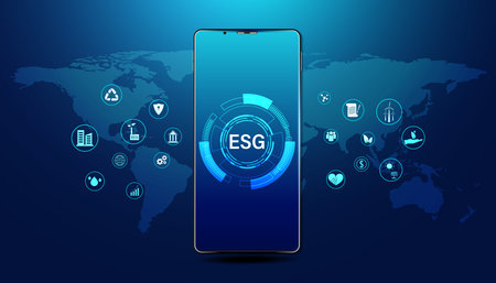 Abstract ESG with icon concept phone and world map sustainable corporate development Environment, Social, and Governance on a modern blue background.のイラスト素材