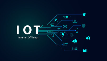 Abstract Internet of things Concept city 5G.IoT Internet of Things communication network Innovation Technology Concept Icons. Connect wireless devices and networking Innovation Technology.のイラスト素材