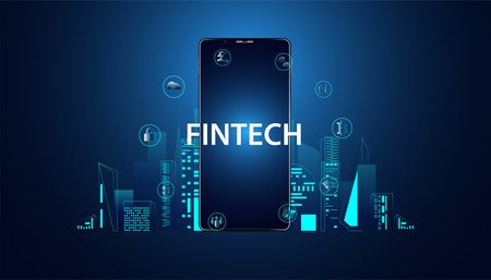 Abstract FinTech Finance Technology applied in the financial business On a modern blue background concept phone and smart city and icons fintech business, futuristic.のイラスト素材