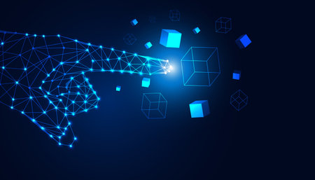 Abstract frame hand digital modern blue futuristic pointing to square box digital concept wireless communication Cryptocurrency, defi or blockchainのイラスト素材
