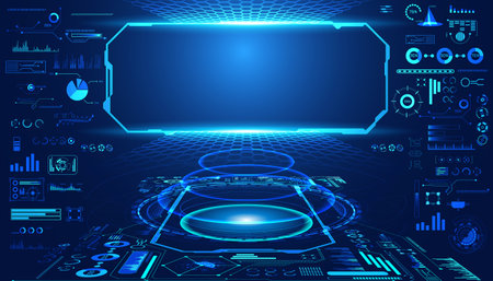 abstract technology ui futuristic concept hud interface hologram elements of digital data chart, communication, computing and circle percent vitality innovation on hi tech future design backgroundのイラスト素材