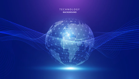abstract global dot network circle digital connection and point curve wave communication futuristic on blue background.のイラスト素材