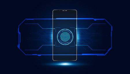abstract hand hold protection access cybersecurity Fingerprint ID protection, interface, modern, futuristic, blue background.のイラスト素材