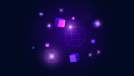 Abstract Square Box Concept Digital Technology Futuristic Modern Cryptocurrency Blockchain Connection Network On Purple Backgroundのイラスト素材