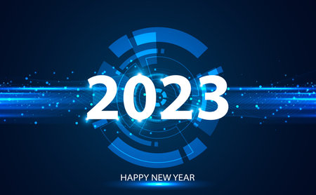 Happy new year 2023 design, technology style, blue color on modern background.