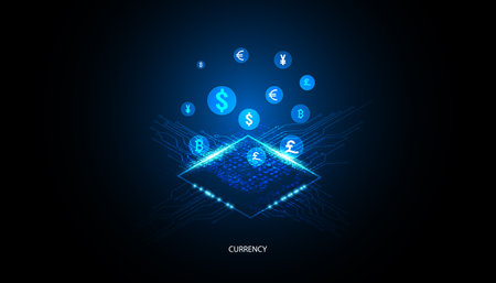 Abstract Circuit Board Electronics Concept Currency exchange Circuit connection, modern system, AI system, artificial intelligence mechanismのイラスト素材
