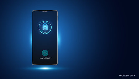 Abstract technology futuristic concept phone protection cyber security digital circle and fingerprint scan on a modern blue backgroundのイラスト素材