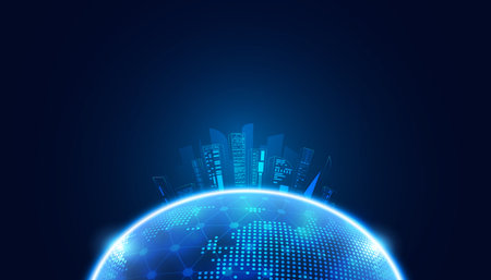 abstract global dot network circle digital connection and smart city communication futuristic on blue background.のイラスト素材