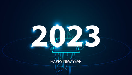 Happy new year 2023 design, technology style, blue color on modern background.のイラスト素材