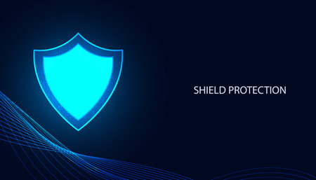 Abstract background digital concept cybersecurity shield anti virus malware spy protection cyber theft security On a blue-black background, fluttering waves, futuristic.のイラスト素材