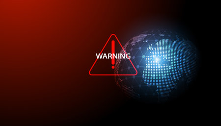 Abstract red warning symbol on world map background for warning disaster or cyber defense threat global warming crisis or warのイラスト素材