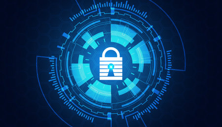 abstract network circle digital cyber security padlock connection and communication futuristic on blue background.のイラスト素材