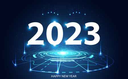 Abstract Happy new year 2023 circle light digital network on blue background digital futuristic modern hi-tech spaceのイラスト素材