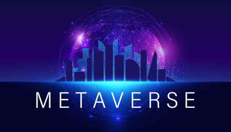 Abstract, Earth and Smart City, Metaverse, Virtual World, Online. 3D virtual reality environment in online, VR and AR format on blue and purple background. Modern, futuristic.のイラスト素材
