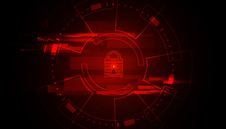 abstract circle digital cyber security padlock connection and communication futuristic on red background.のイラスト素材
