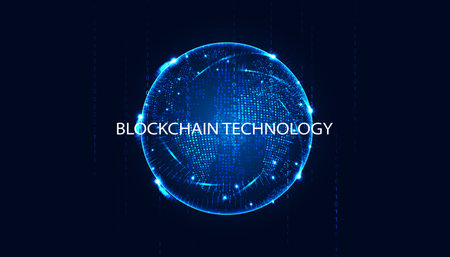 Abstract blockchain technology and globe concept. Modern blue background. advanced security better performance faster verification storage high tech technologyのイラスト素材
