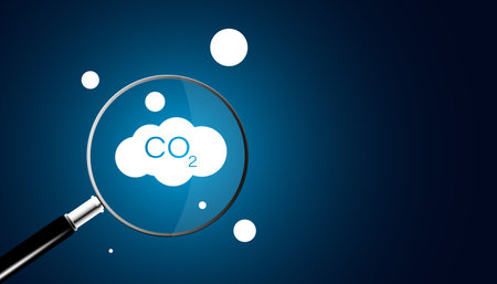 Abstract, magnifying glass and carbon dioxide concept, air, environment, global warming, search and protect the earth from environmental conditions and pollution, greenhouse, on blue background image.のイラスト素材