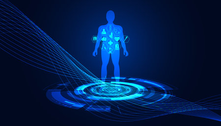 abstract technology science concept human data health digital icons medicine analysis on hi tech future design backgroundのイラスト素材