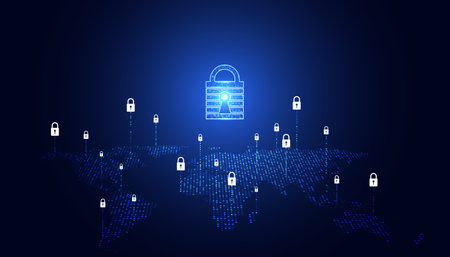 Abstract background digital concept world map padlock cybersecurity anti virus malware spy protection cyber theft security On a blue-black backgroundのイラスト素材